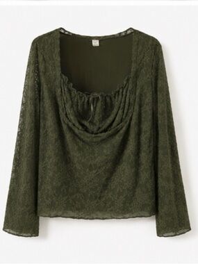 NWT Floerns Olive Green Sheer Lace Ruched Cowl Neck Top XXL Plus